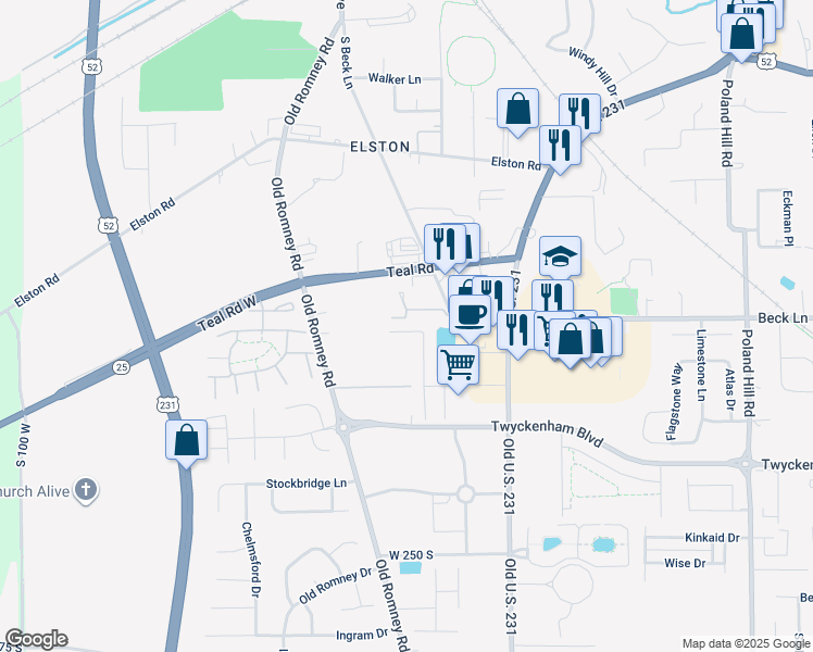 map of restaurants, bars, coffee shops, grocery stores, and more near 2828 Plaza Lane in Lafayette