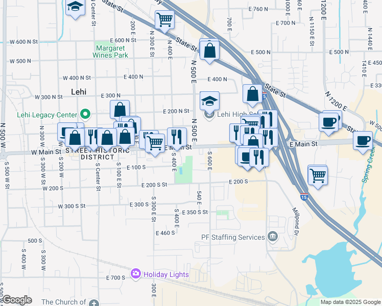 map of restaurants, bars, coffee shops, grocery stores, and more near 498 East Main Street in Lehi