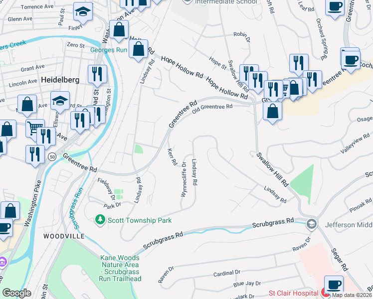 map of restaurants, bars, coffee shops, grocery stores, and more near 105 Wynnecliffe Drive in Carnegie