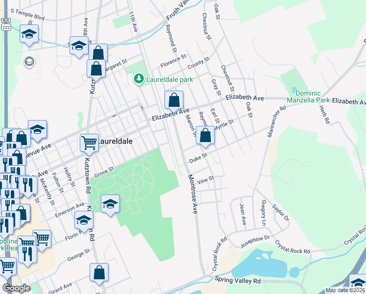 map of restaurants, bars, coffee shops, grocery stores, and more near 1501 Queen St in Laureldale