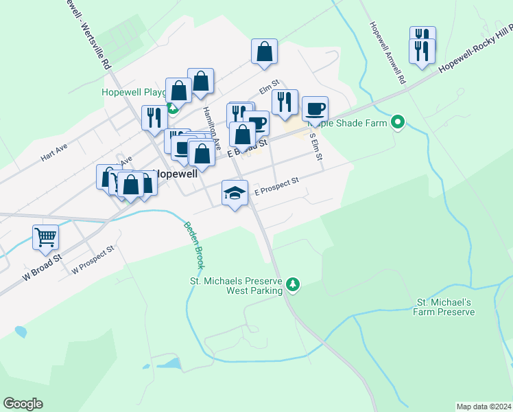 map of restaurants, bars, coffee shops, grocery stores, and more near 42 Princeton Avenue in Hopewell
