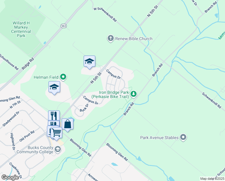 map of restaurants, bars, coffee shops, grocery stores, and more near 39 Bryant Drive in Perkasie