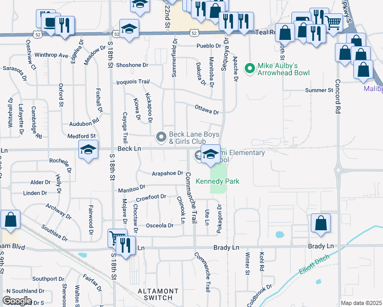 map of restaurants, bars, coffee shops, grocery stores, and more near 2913 Commanche Trail in Lafayette