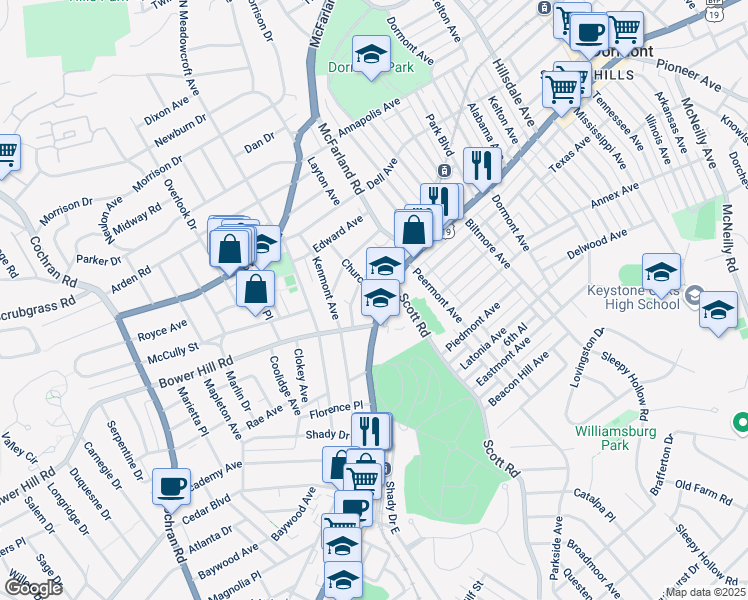map of restaurants, bars, coffee shops, grocery stores, and more near 300 Washington Road in Pittsburgh