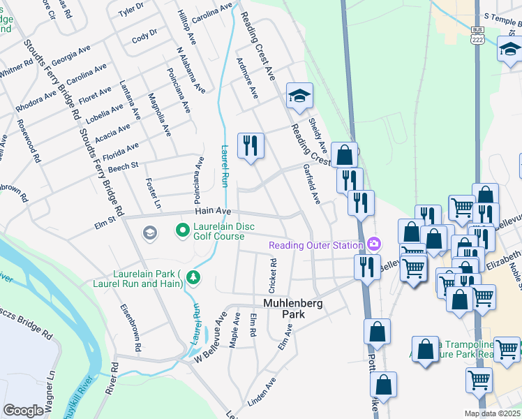 map of restaurants, bars, coffee shops, grocery stores, and more near 328 Hain Avenue in Reading