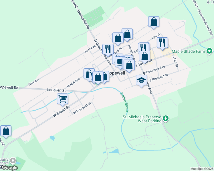 map of restaurants, bars, coffee shops, grocery stores, and more near 31 West Broad Street in Hopewell