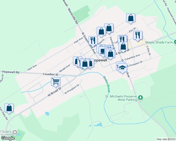 map of restaurants, bars, coffee shops, grocery stores, and more near 47 West Broad Street in Hopewell