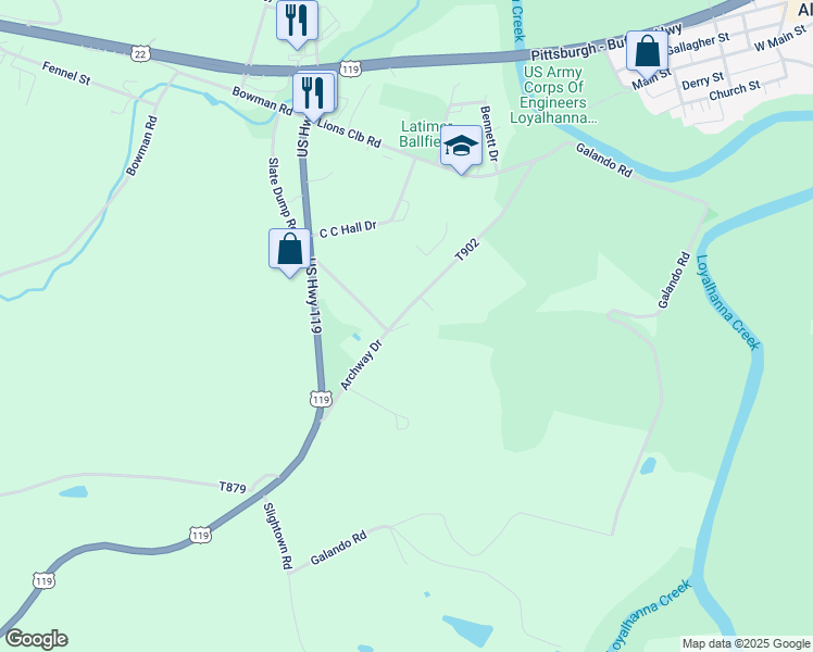 map of restaurants, bars, coffee shops, grocery stores, and more near 356 Archway Drive in New Alexandria