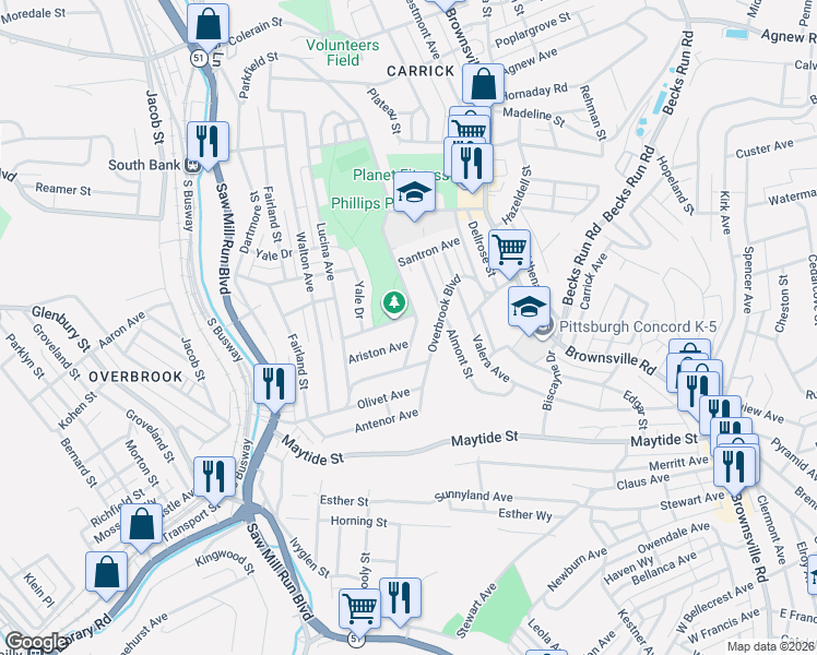 map of restaurants, bars, coffee shops, grocery stores, and more near 318 Overbrook Boulevard in Pittsburgh