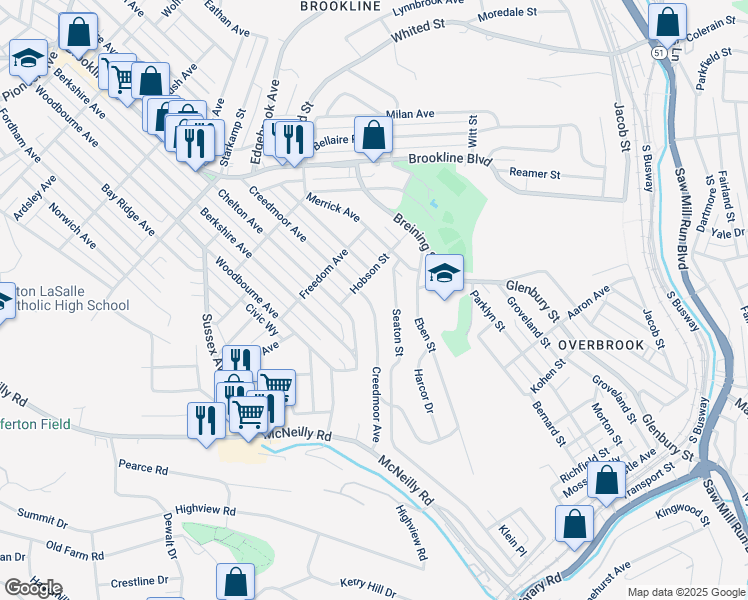 map of restaurants, bars, coffee shops, grocery stores, and more near 1621 Creedmoor Avenue in Pittsburgh