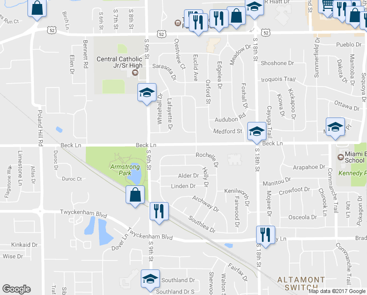 map of restaurants, bars, coffee shops, grocery stores, and more near 1013 Beck Lane in Lafayette