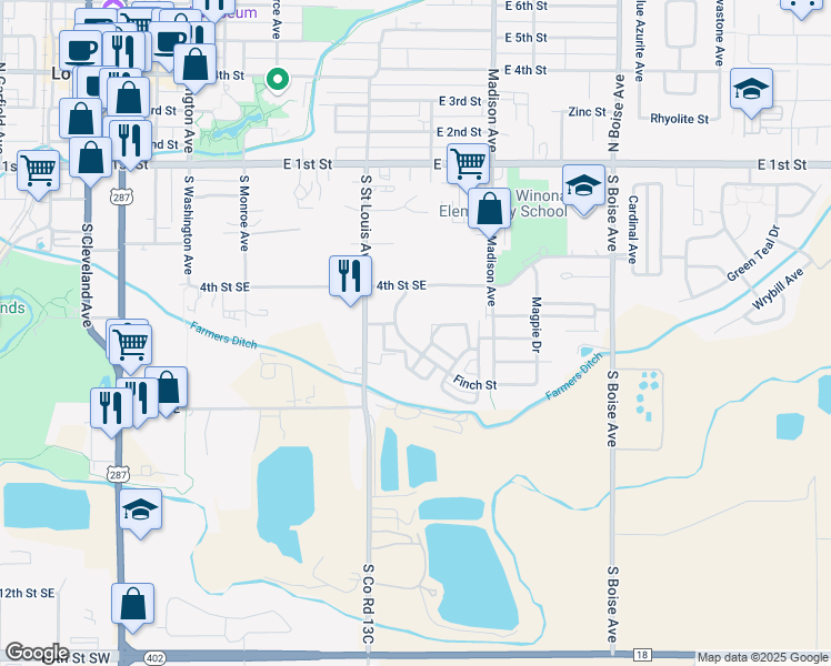 map of restaurants, bars, coffee shops, grocery stores, and more near 1107 Finch Street in Loveland