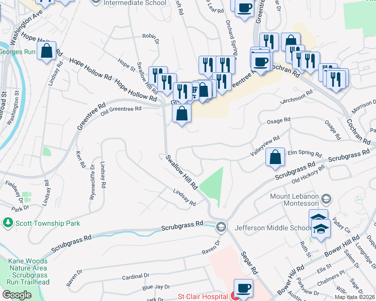 map of restaurants, bars, coffee shops, grocery stores, and more near 936 Valleyview Road in Pittsburgh
