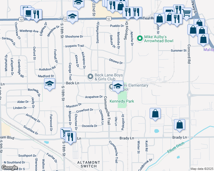 map of restaurants, bars, coffee shops, grocery stores, and more near 2913 Commanche Trail in Lafayette