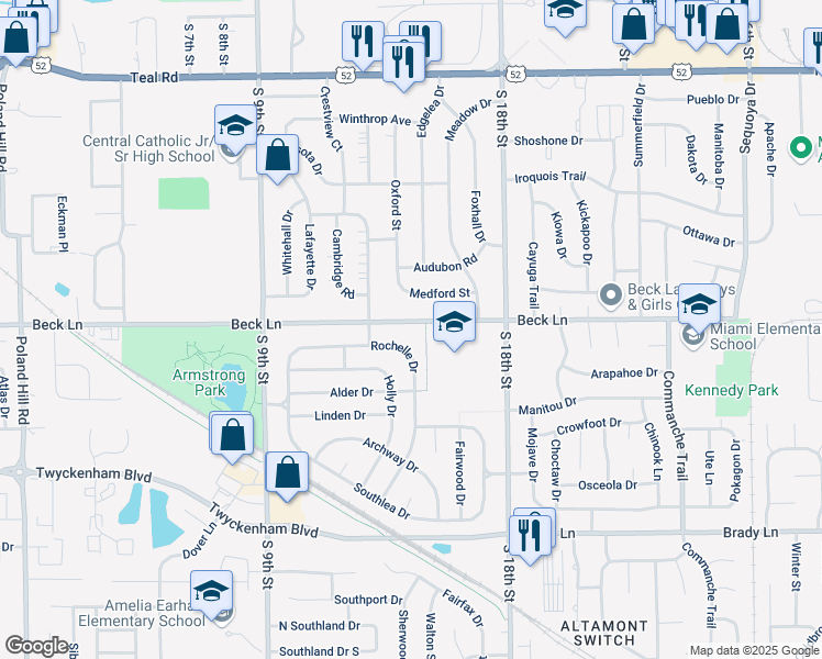 map of restaurants, bars, coffee shops, grocery stores, and more near 1120 Rochelle Drive in Lafayette