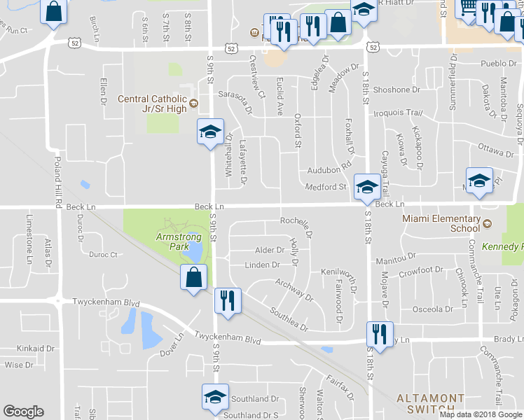 map of restaurants, bars, coffee shops, grocery stores, and more near 1008 Rochelle Drive in Lafayette