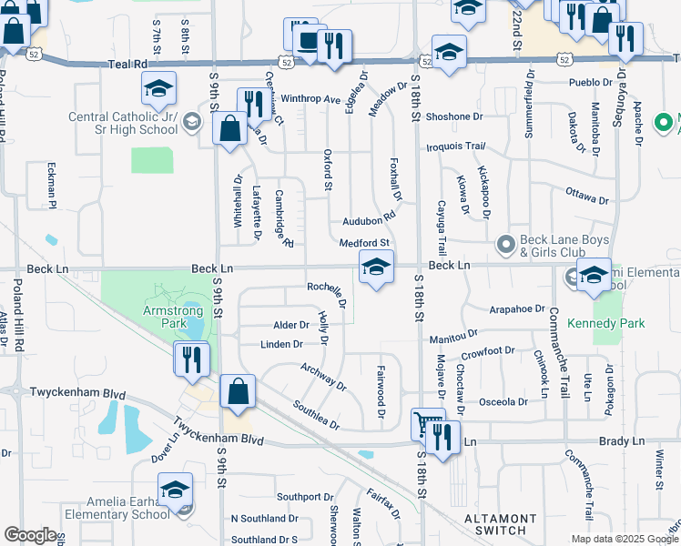 map of restaurants, bars, coffee shops, grocery stores, and more near 1120 Rochelle Drive in Lafayette