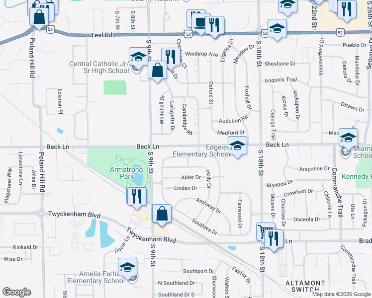 map of restaurants, bars, coffee shops, grocery stores, and more near 1008 Rochelle Drive in Lafayette