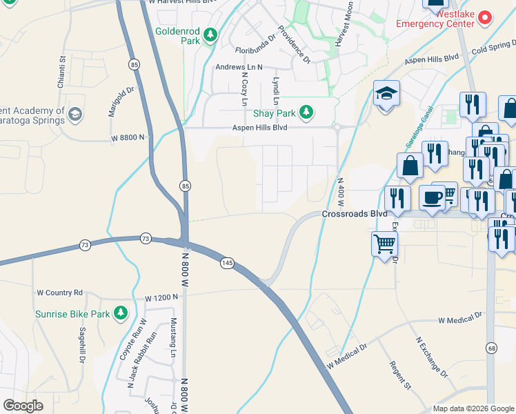 map of restaurants, bars, coffee shops, grocery stores, and more near 1413 North Arcadia Drive in Saratoga Springs