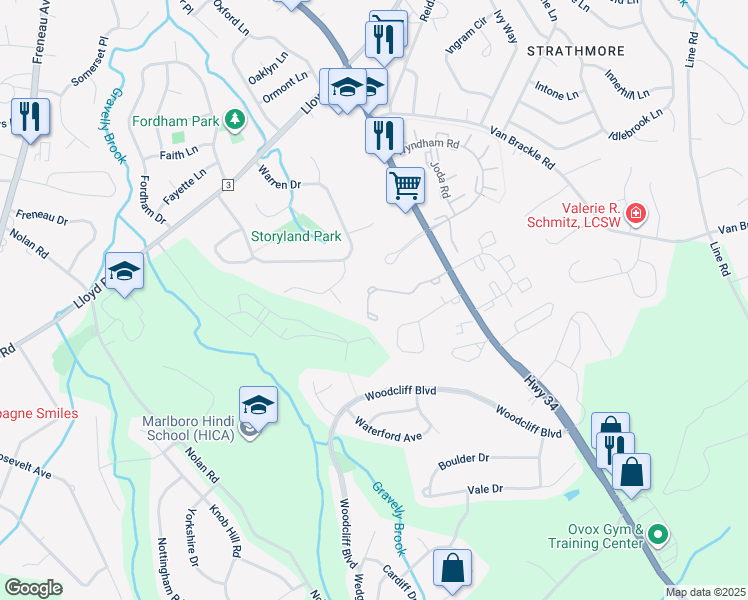map of restaurants, bars, coffee shops, grocery stores, and more near 49 West Aspen Way in Matawan