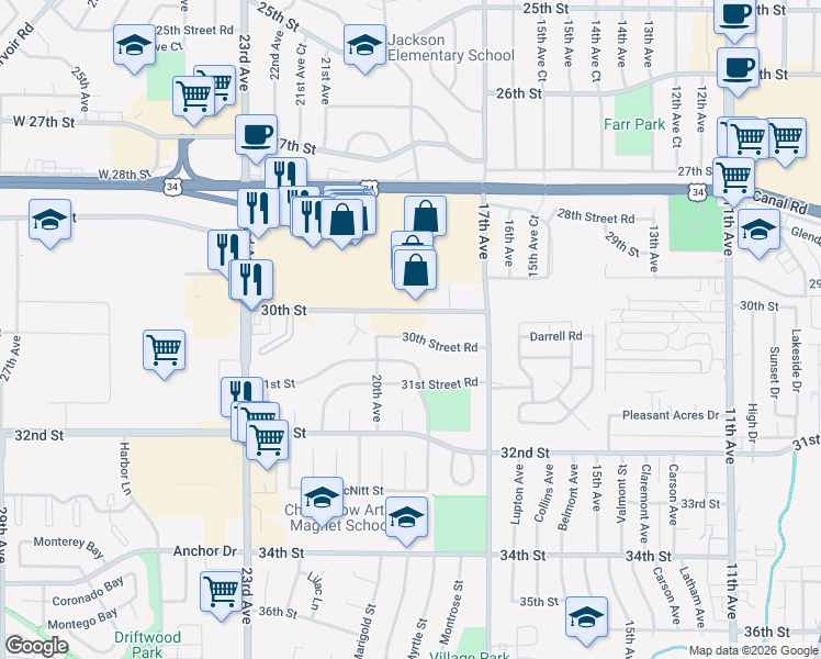 map of restaurants, bars, coffee shops, grocery stores, and more near 1820 30th Street Road in Greeley