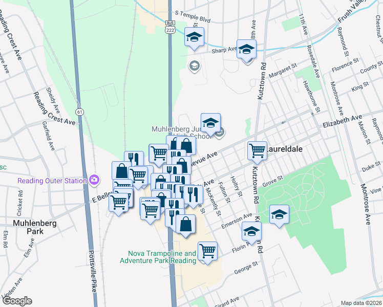 map of restaurants, bars, coffee shops, grocery stores, and more near 519 East Bellevue Avenue in Laureldale