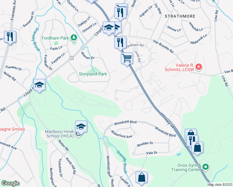 map of restaurants, bars, coffee shops, grocery stores, and more near 49 West Aspen Way in Matawan