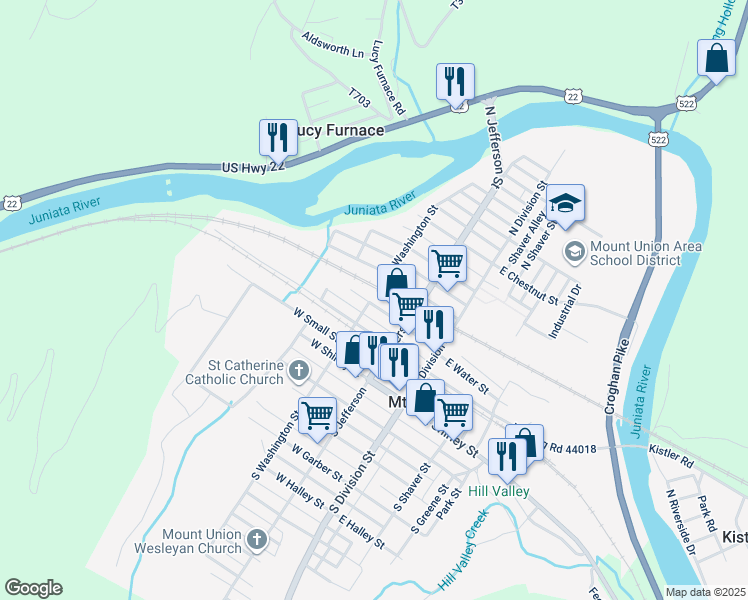 map of restaurants, bars, coffee shops, grocery stores, and more near 136 West Water Street in Mount Union