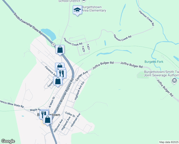 map of restaurants, bars, coffee shops, grocery stores, and more near 257 Center Avenue in Burgettstown