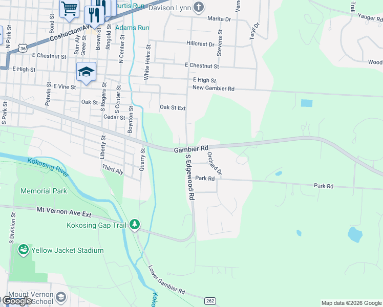 map of restaurants, bars, coffee shops, grocery stores, and more near 303 South Edgewood Road in Mount Vernon
