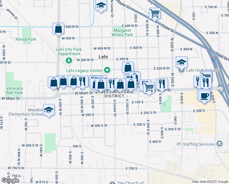 map of restaurants, bars, coffee shops, grocery stores, and more near 1 West Main Street in Lehi
