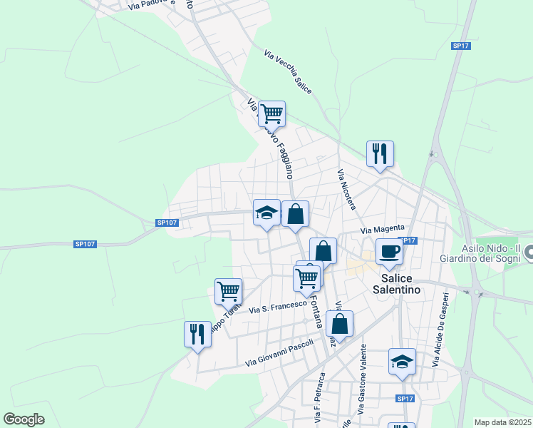 map of restaurants, bars, coffee shops, grocery stores, and more near 203 Via Pasquale Leone in Salice Salentino