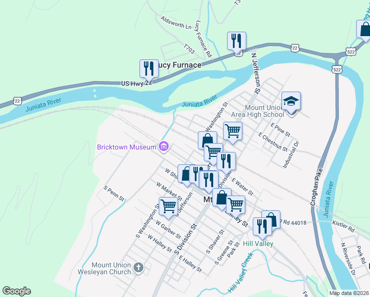 map of restaurants, bars, coffee shops, grocery stores, and more near 152-198 N Washington St in Mt Union