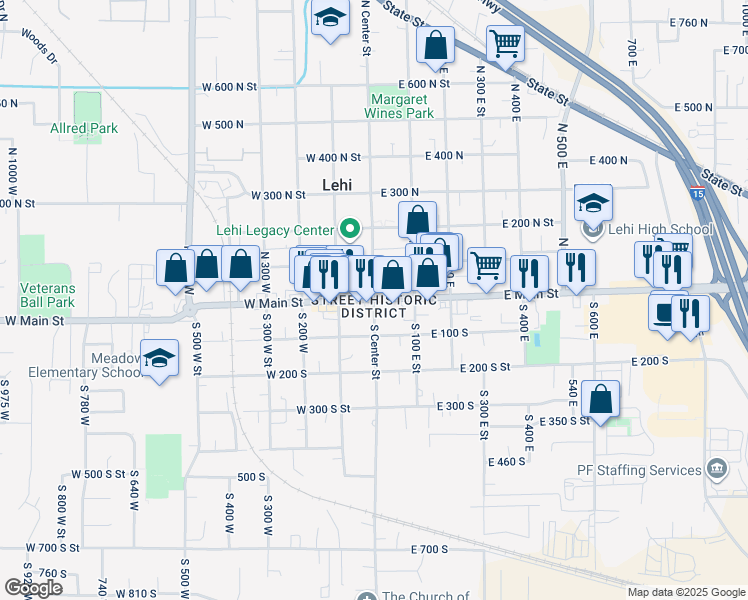 map of restaurants, bars, coffee shops, grocery stores, and more near 1 West Main Street in Lehi
