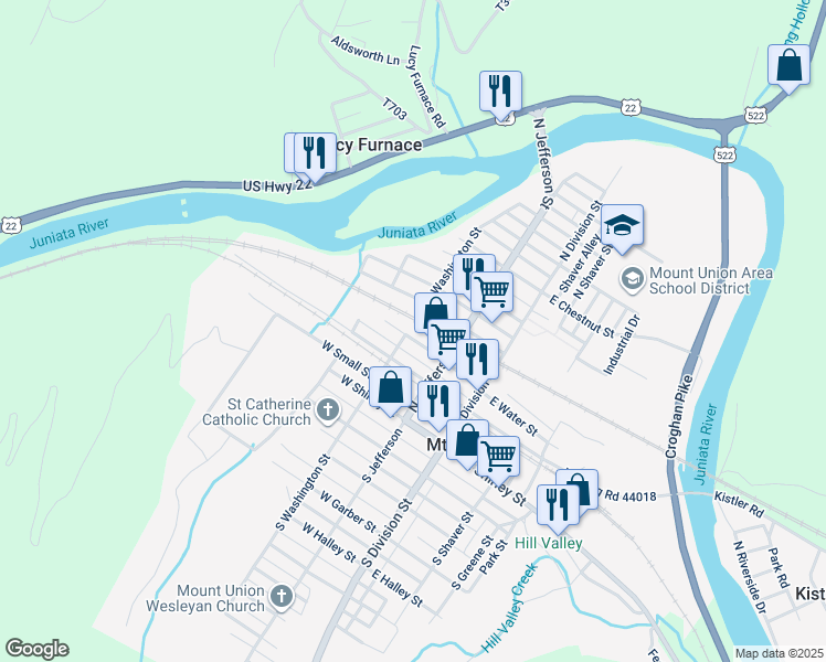 map of restaurants, bars, coffee shops, grocery stores, and more near 136 West Water Street in Mount Union