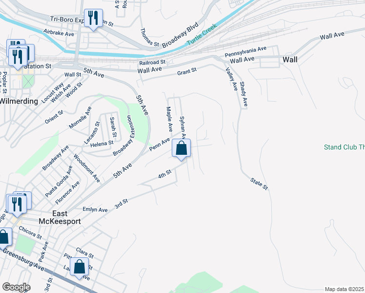 map of restaurants, bars, coffee shops, grocery stores, and more near 444 Long Avenue in North Versailles