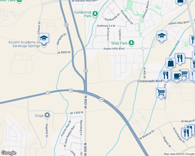 map of restaurants, bars, coffee shops, grocery stores, and more near 1429 North Utah Cottage Drive in Saratoga Springs