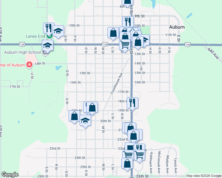 map of restaurants, bars, coffee shops, grocery stores, and more near 1622 L Street in Auburn
