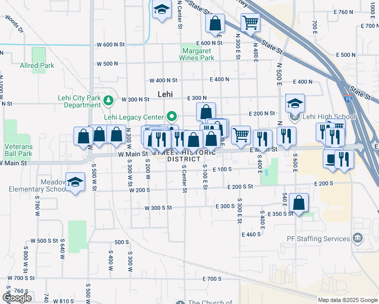 map of restaurants, bars, coffee shops, grocery stores, and more near 26 East Main Street in Lehi