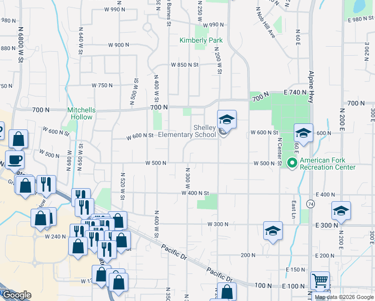 map of restaurants, bars, coffee shops, grocery stores, and more near 525 North 300 West in American Fork