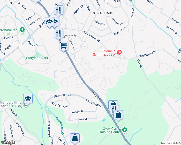 map of restaurants, bars, coffee shops, grocery stores, and more near 53 White Oak Lane in Matawan