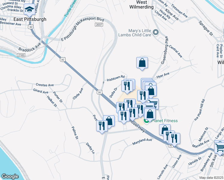 map of restaurants, bars, coffee shops, grocery stores, and more near 249 Lincoln Highway in North Versailles