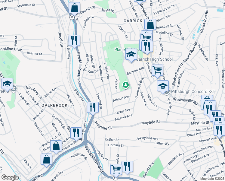 map of restaurants, bars, coffee shops, grocery stores, and more near 2243 Lucina Avenue in Pittsburgh