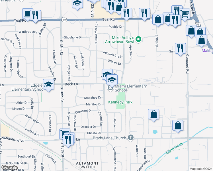map of restaurants, bars, coffee shops, grocery stores, and more near 2913 Commanche Trail in Lafayette