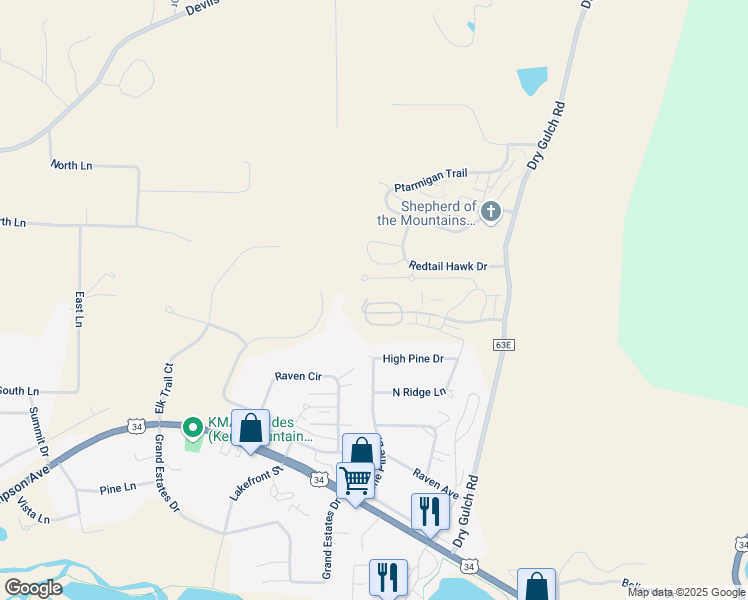 map of restaurants, bars, coffee shops, grocery stores, and more near 1851 Wildfire Road in Estes Park