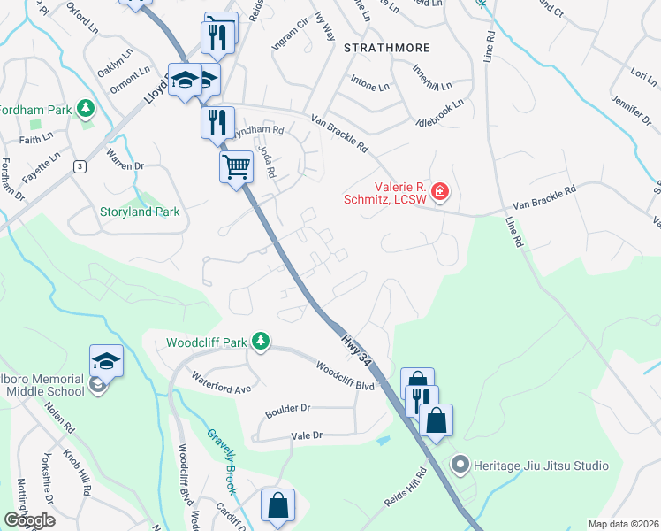 map of restaurants, bars, coffee shops, grocery stores, and more near 53 White Oak Lane in Matawan