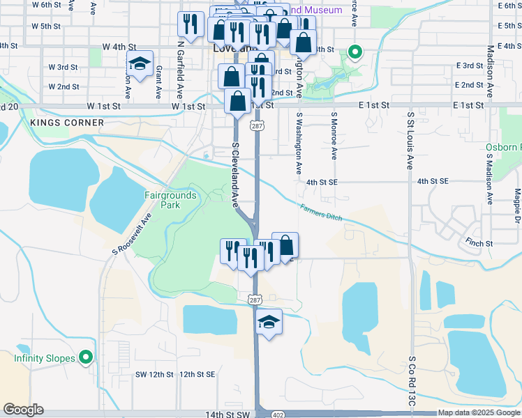 map of restaurants, bars, coffee shops, grocery stores, and more near 406 South Lincoln Avenue in Loveland