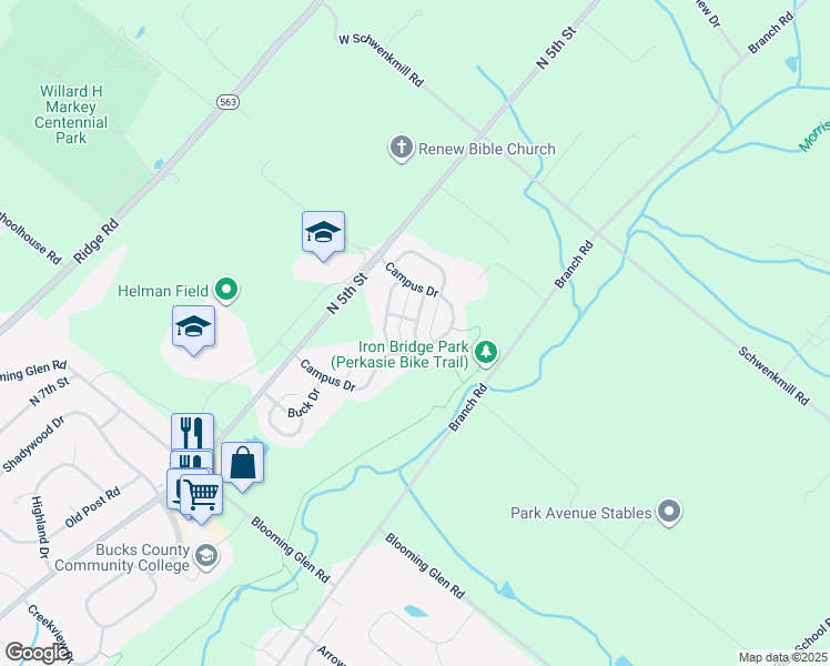 map of restaurants, bars, coffee shops, grocery stores, and more near 39 Bryant Drive in Perkasie