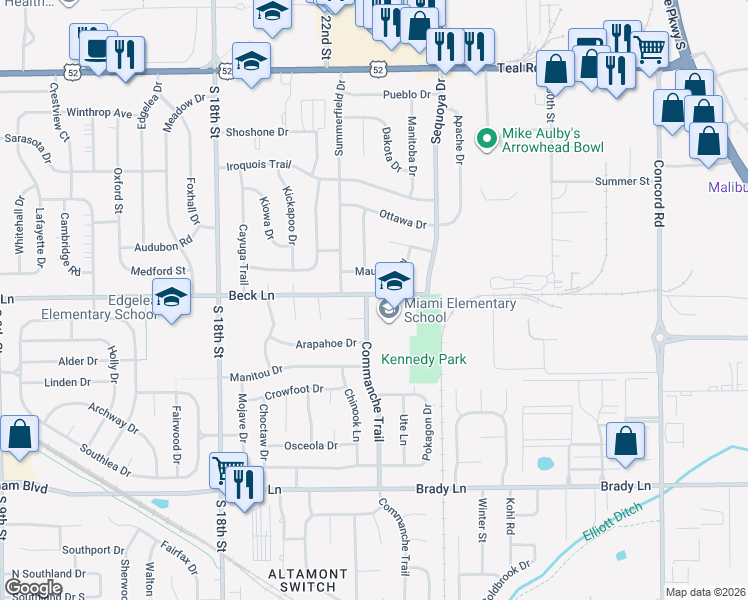 map of restaurants, bars, coffee shops, grocery stores, and more near 2913 Commanche Trail in Lafayette