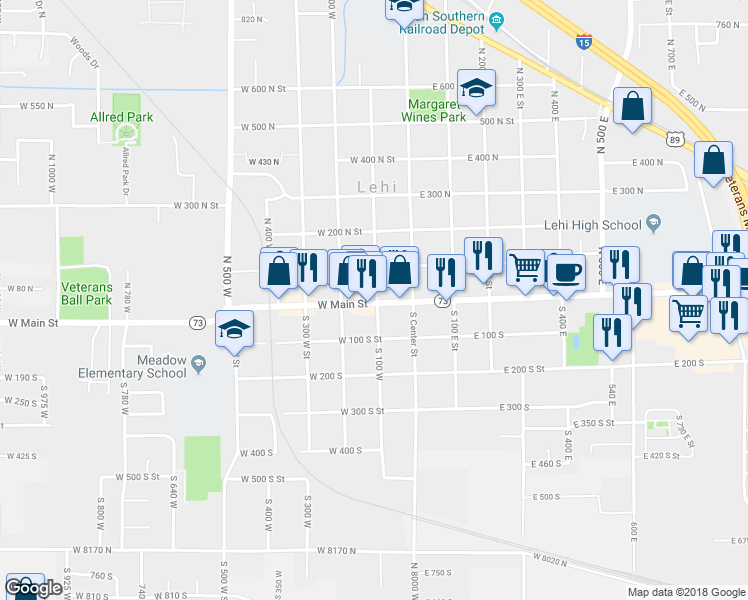 map of restaurants, bars, coffee shops, grocery stores, and more near 82 West Main Street in Lehi